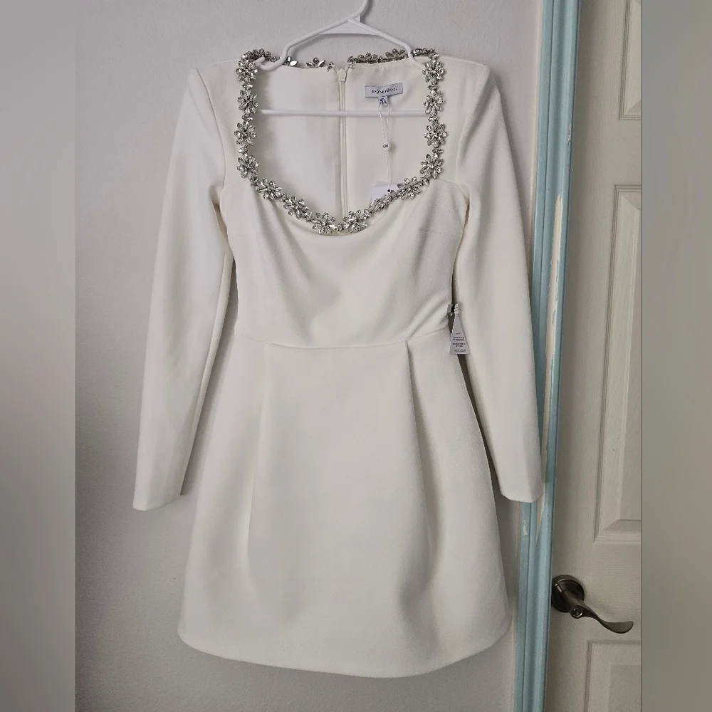 Nadine Merabi  Elegant White Dress with Embellished Neckline Sz XS - Picture 5 of 17